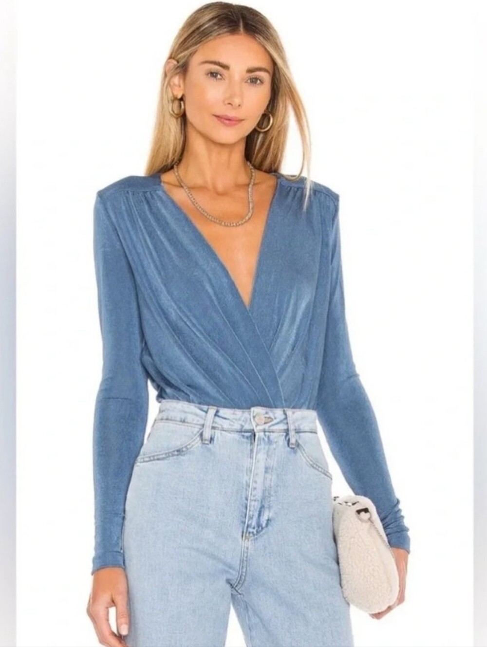 NEW Intimately Free People Blue Wrap-Front Long Sleeve Stretchy Bodysuit Sz L